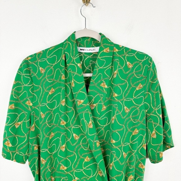 Vintags 80s Ms Chaus Green Gold Chain Print Midi Dress Sz 12 - Picture 3 of 10